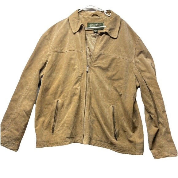 Vintage Eddie Bauer Men's Outdoor Tan Khaki Full Zip Leather Suede Size XL Tall